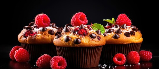 Wall Mural - Three cupcakes with chocolate chips and raspberries on a black surface