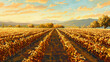 Detailed 3D vector of a late autumn vineyard, rows of vines in golden hues, harvest season in wine country