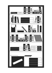 Poster - Bookcase filled with folders and boxes 2D linear cartoon object. Office shelving unite with supplies isolated line vector element white background. Interior design monochromatic flat spot illustration