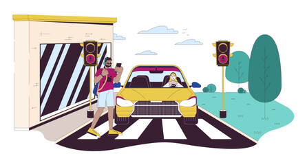 Poster - Crossing road at red light line cartoon flat illustration. Black man walking across street in front of car 2D lineart characters isolated on white background. Accident danger scene vector color image