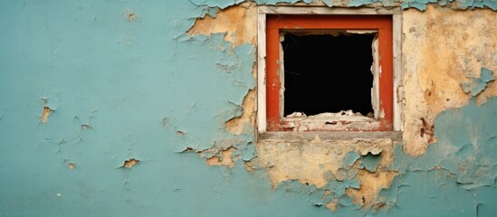 Poster - Window on blue wall with faded paint