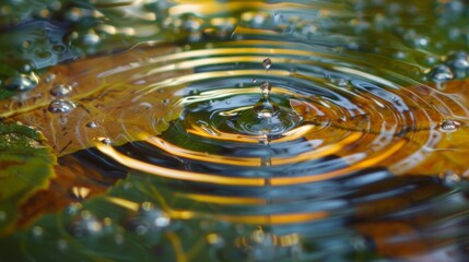 Poster - Macro shot of raindrops creating ripples on a leaf's surface, a miniature aquatic world.