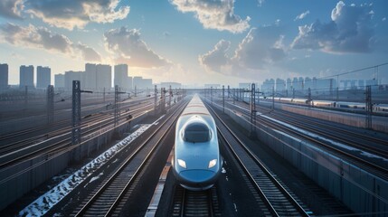 Poster - Panoramic view of a high-speed rail network stretching across vast landscapes, connecting cities with rapid transit.