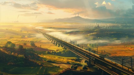 Aufkleber - Panoramic view of a high-speed rail network stretching across vast landscapes, connecting cities with rapid transit.
