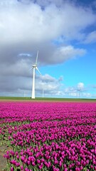 Wall Mural - Windmill park in Spring, windmill turbines generating green energy electrically, windmills and pink tulip flowers