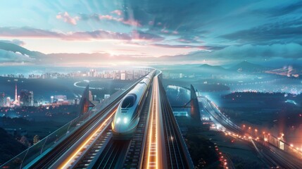 Aufkleber - Panoramic view of a high-speed rail network stretching across vast landscapes, connecting cities with rapid transit.