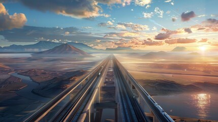 Aufkleber - Panoramic view of a high-speed rail network stretching across vast landscapes, connecting cities with rapid transit.