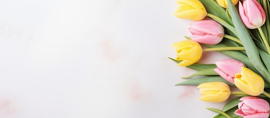 Canvas Print - Yellow and pink tulips on a white marble