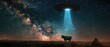 Whimsical image of a cow being gently lifted by a UFO beam into a spacecraft, against a starry night sky, creating a playful extraterrestrial scene,