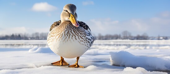 Wall Mural - Duck standing snow midday