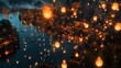 Spectacular aerial view of a cityscape adorned with floating lanterns during a festive celebration, a sight to behold.