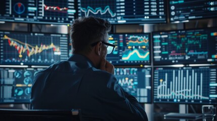 Poster - Stock market trader monitoring multiple graphs and charts on computer screens, reacting to real-time market movements.