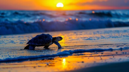 Poster - Sunset silhouette of a sea turtle returning to the ocean after laying her eggs on the beach