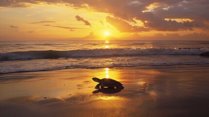 Poster - Sunset silhouette of a sea turtle returning to the ocean after laying her eggs on the beach