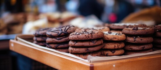 Sticker - Pile of chocolate cookies on a wooden tray on a table