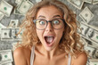 woman shouting with emotions that she won the lottery, background with American dollars currency