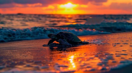 Poster - Sunset silhouette of a sea turtle returning to the ocean after laying her eggs on the beach