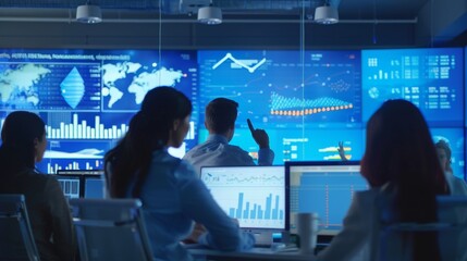 Poster - Team discussing business strategy with graphs and diagrams displayed on a conference room screen