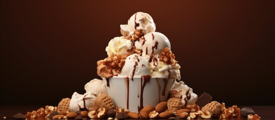 Canvas Print - Close-up of ice cream topped with nuts and chocolate