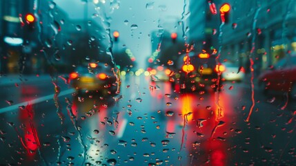 Fototapete - Traffic lights captured through a rainy windshield, adding a cinematic mood to urban driving scenes.