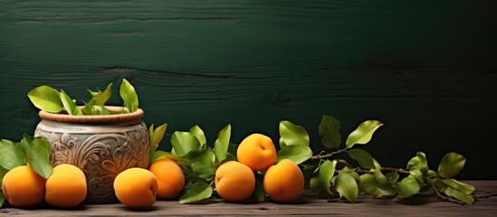 Wall Mural - Oranges and foliage in vase on wooden table