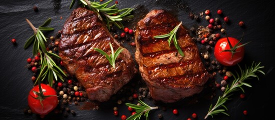 Wall Mural - Two succulent steaks garnished with rosemary and tomatoes on a sleek black plate