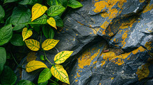 Closeup Of Green Leaves Natue And Yellow Stone As Background