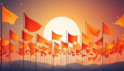 Sunrise with hindu orange flags illustration