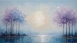 A tranquil scene painted in soft hues, featuring misty trees by a reflective lake under a pale sky.