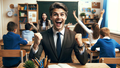 happy smiling director over classroom background. professions, education, people concept