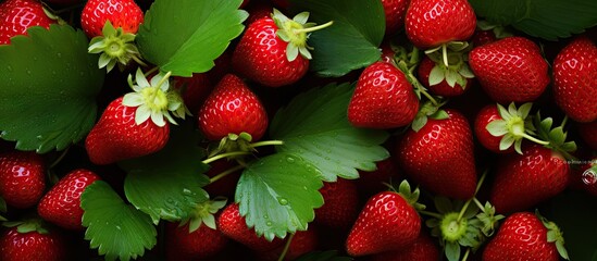 Wall Mural - Fresh strawberries with green leaves