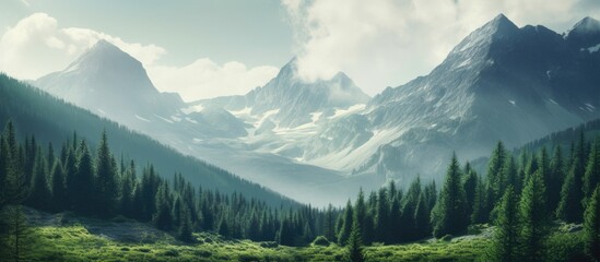 Canvas Print - Snowy mountains and lush green field