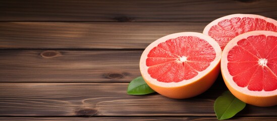 Canvas Print - Three halved grapefruits on wooden surface