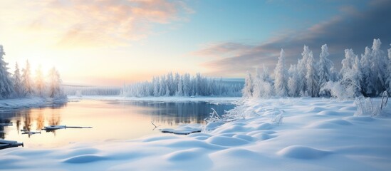 Canvas Print - Snowy river flows through forest with snow-covered trees