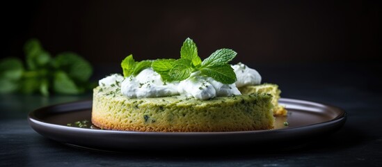 Wall Mural - Small cake with green topping on plate