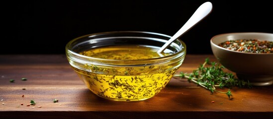 Canvas Print - bowl filled with oil and assortment of herbs