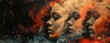 © VAshowcase - Double exposure of two female heads with red and blue smoke on a black background