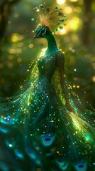 Wall Mural - Elegant peacock in a sequined gown, wearing a crown of emeralds, amidst a lush garden backdrop, illuminated by soft moonlight, emanating grace and allure