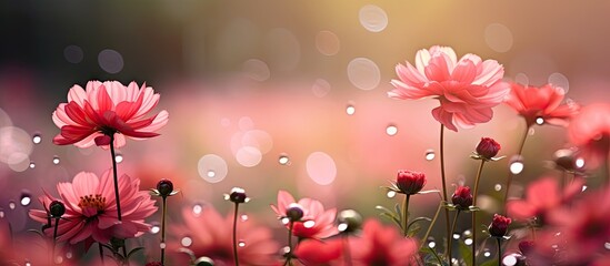 Poster - Pink flowers in field with water droplets