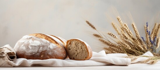 Wall Mural - Loaf of bread on fabric with wheat