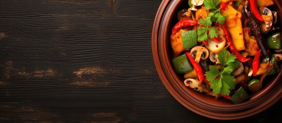 Wall Mural - Close-up of savory bowl with mushrooms and peppers