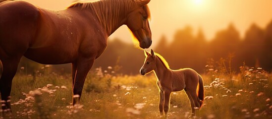 Canvas Print - Horse and Young Pony in Field