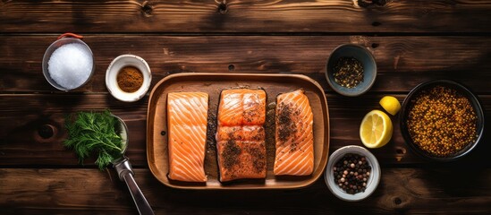 Poster - Salmon fillet in wooden bowl with lemons and spices