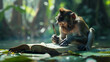 A monkey writing a book with a quill that writes the future of the forest , hyper realistic, low noise, low texture