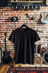 Wall Mural - A black t-shirt is hanging on a hanger in front of a brick wall