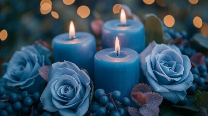 Canvas Print - blue candles and blue roses with bokeh blur light in the background. 