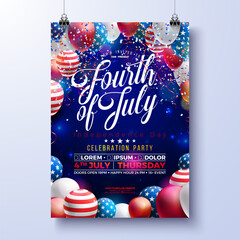 Wall Mural - Independence Day of the USA Party Flyer Illustration with American Flag Pattern Balloon and Falling Confetti on Night Blue Background Vector Fourth of July Design for Celebration Banner, Greeting Card