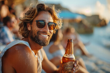 Man drinks beer on beach. Person holding beer bottle. Refreshing beverage at summer hot