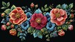 This embroidery design features roses in satin stitch. Folk line floral trendy pattern for dress collars. Ethnic fashion ornament for necks in black.