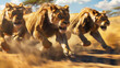 Lions racing in a fantastical sprint , hyper realistic, low noise, low texture